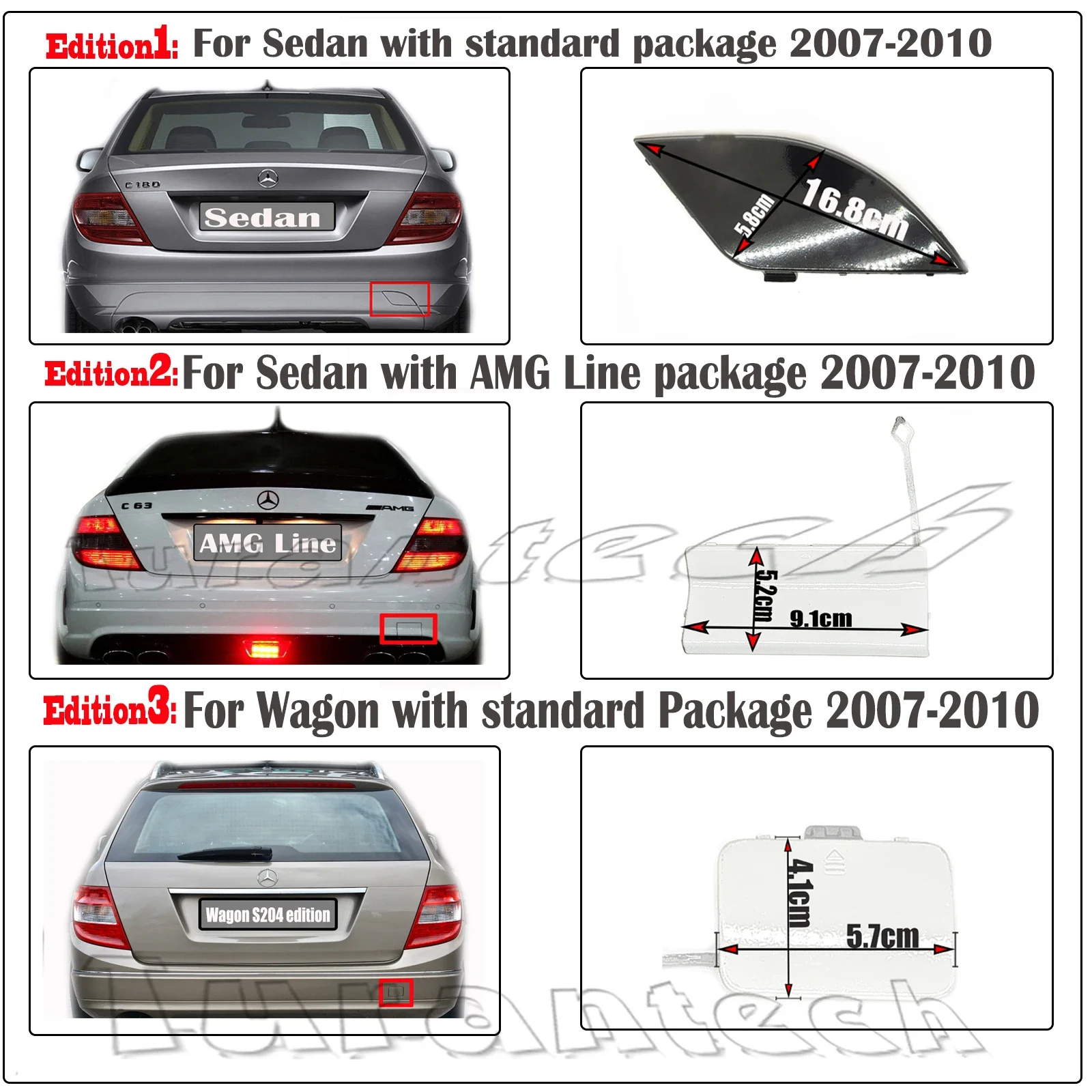 220 230 250 280 300 320 350 amg pkg 후면 견인 커버, A2048850226 핏 07-10 메르세데스 벤츠 C W204 세단 180 200