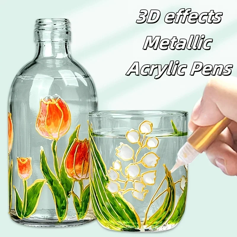 10ml 진주빛 아크릴 트레이싱 펜, 유리 페인팅용 3D 메탈릭 색소 함유, 골드 & 실버 3D 아웃라인 펜