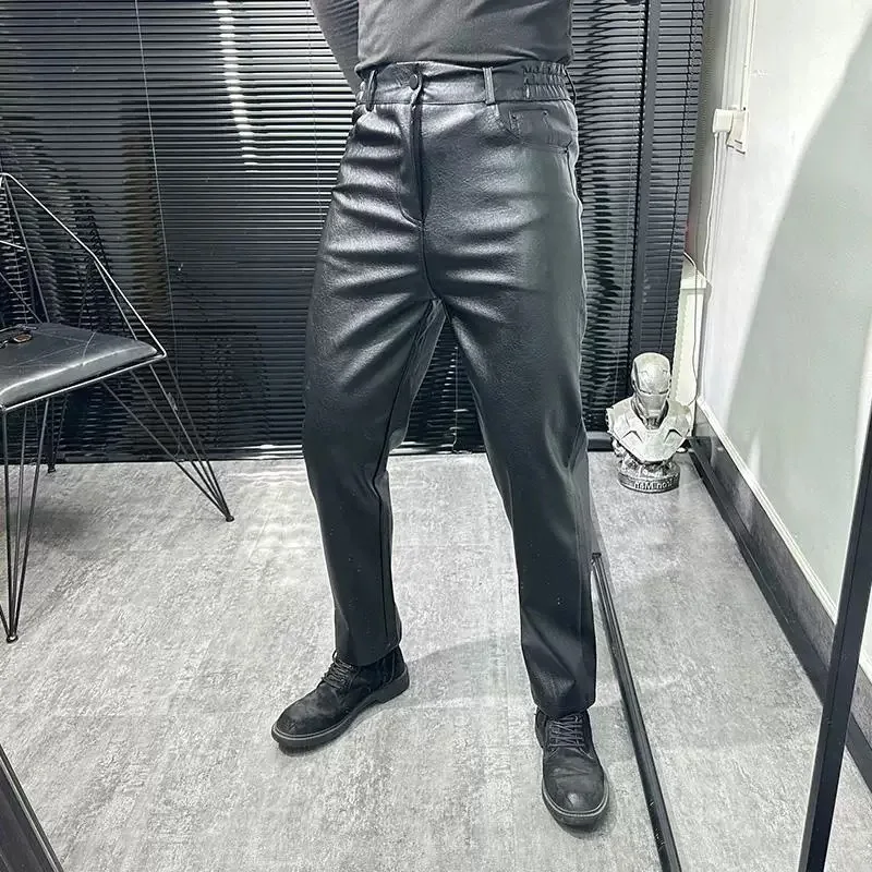Calça de couro casual masculina coreano streetwear moda reta