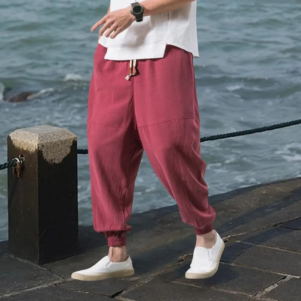 Elastic Waist Trousers Japanese Style Men's Harem Pants with Deep Crotch Ankle Length Pockets for Casual Daily Wear in Plus Size 3