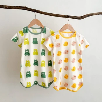 Abbigliamento Estivo per Neonati 0-3 Anni, Tutine con Stampe Cartoon, Pigiama Anti-Calcio per Bambini e Bambine, Sottile in Seta Ghiaccio, Comodo