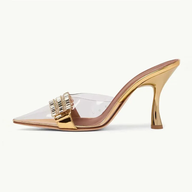 

Summer New Genuine Leather Rhinestone Transparent PVC Pointed Baotou Slippers Slim High Heel Dress Daily Large Women's Sandals