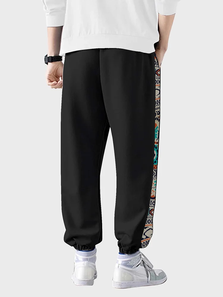 Wide Leg Sweatpants Fashion Casual Men Vintage Geometric Pattern Long Side Printing Drawstring S-2XL