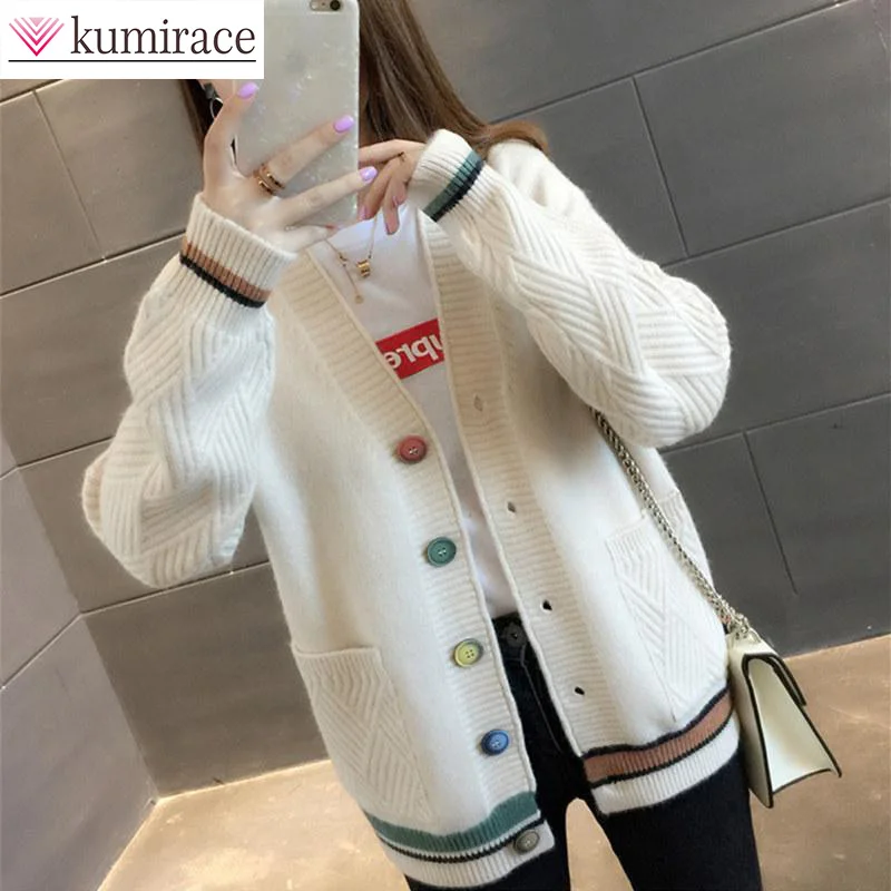 

2022 New Student Korean Pocket Sweater Jacket Women's Loose V-neck Color Button Long Sleeve with Knitted Cardigan Jacket Jacket