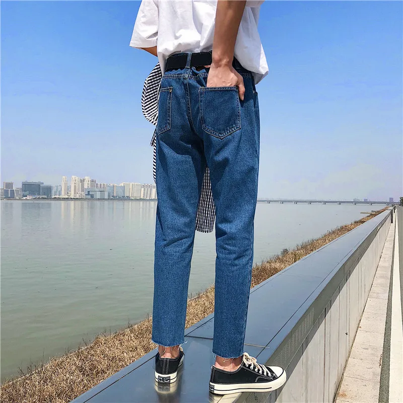 Hong Kong Style 2022 Fashion Casual Trendy Wild Ankle Length Pants Korean Slim Feet Jeans Summer New Casual Harem Pants Men
