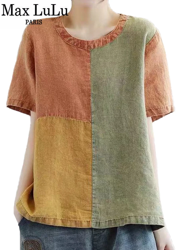 Max LuLu Japan Style Summer 2021 Ladies O-Neck Patchwork Tshirt Women Casual Loose Vintage Tee Female Short Sleeve Tops Big Size