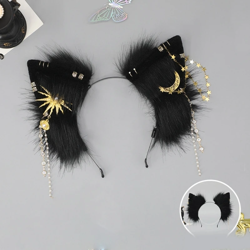 

Cute Wolf Ears Cosplay Hair Hoop with Dangle Jewelry Woman Teens Headband for Live Broadcast Carnivals Hairband