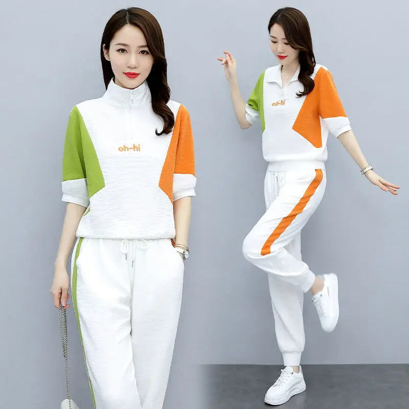 Short Sleeve Tshirt + Sporty Pants Women Suit Summer Clothing 2022 Sports  Suit Loose Korean Casual Top Pants Two-piece Trendy