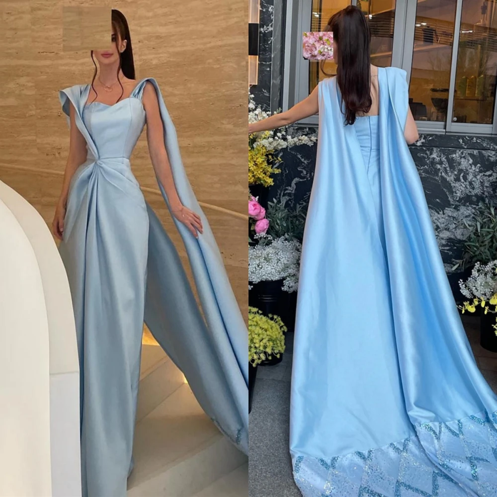 

VD Modern Blue Satin Mermaid Evening Dresses with Train Floor Length Formal Party Dress with Sequins Pleated suknia balowa