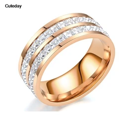 Elegant Rose Gold Double Row Zircon Square Ring - Women's Romantic Engagement and Wedding Jewelry Gift (Silver)