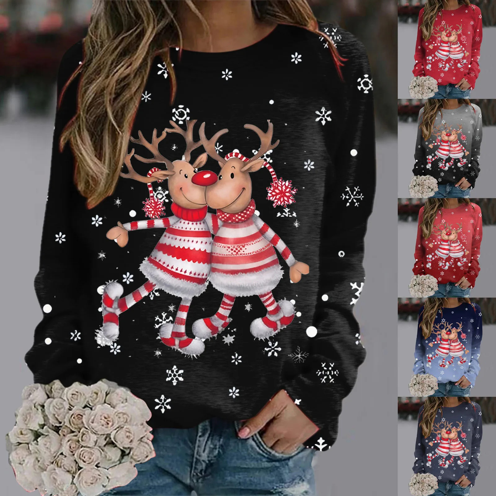 

Autumn And Winter Women's Christmas Moose Snowflake Printed Pullover Tops Round Neck Casual Loose Long Sleeve Sweatshirt