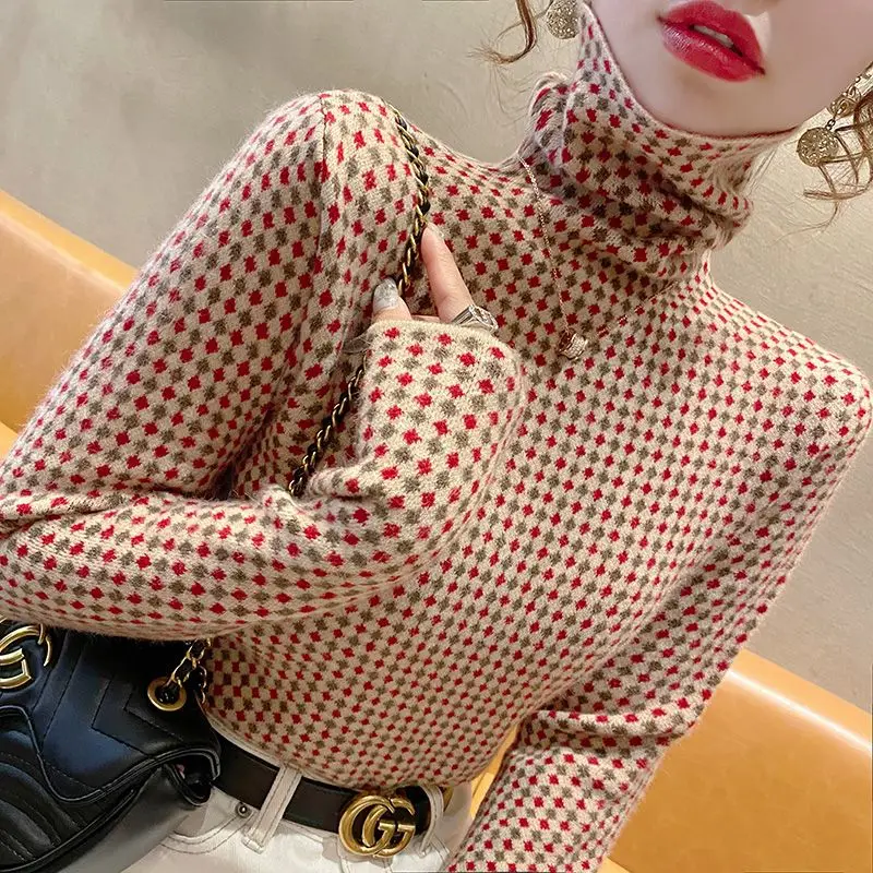 

Fashionable High Elasticity Christmas Green Red Colour Spliced Diamond Check Pattern Sweaters Slim Turtleneck Autumn Winter Wild