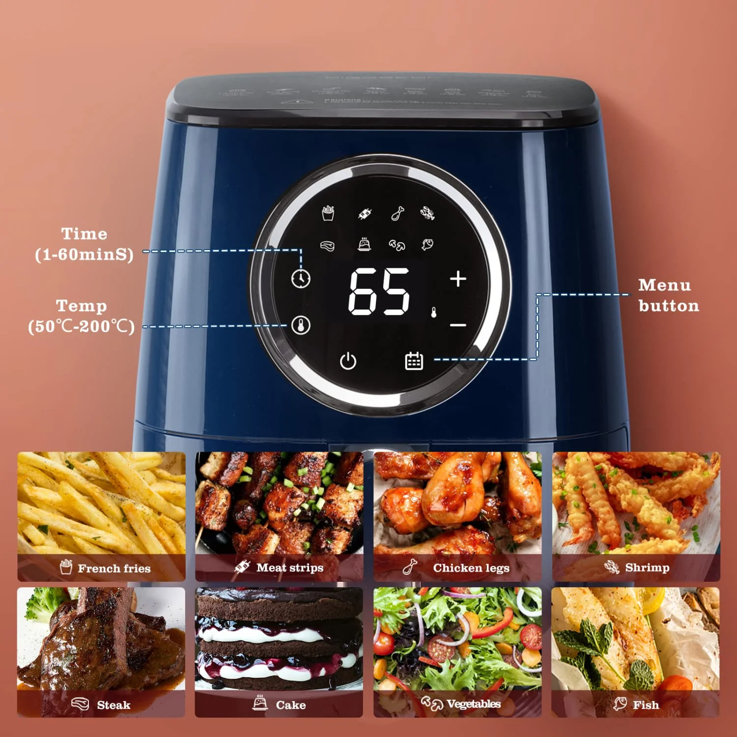 Oil Free Fryer 8 Preset Menu Manual Mode 1400W LED Touch Panel Air Fryer  4,2 Litre Capacity BPA Free Non-stick Basket Blue Color