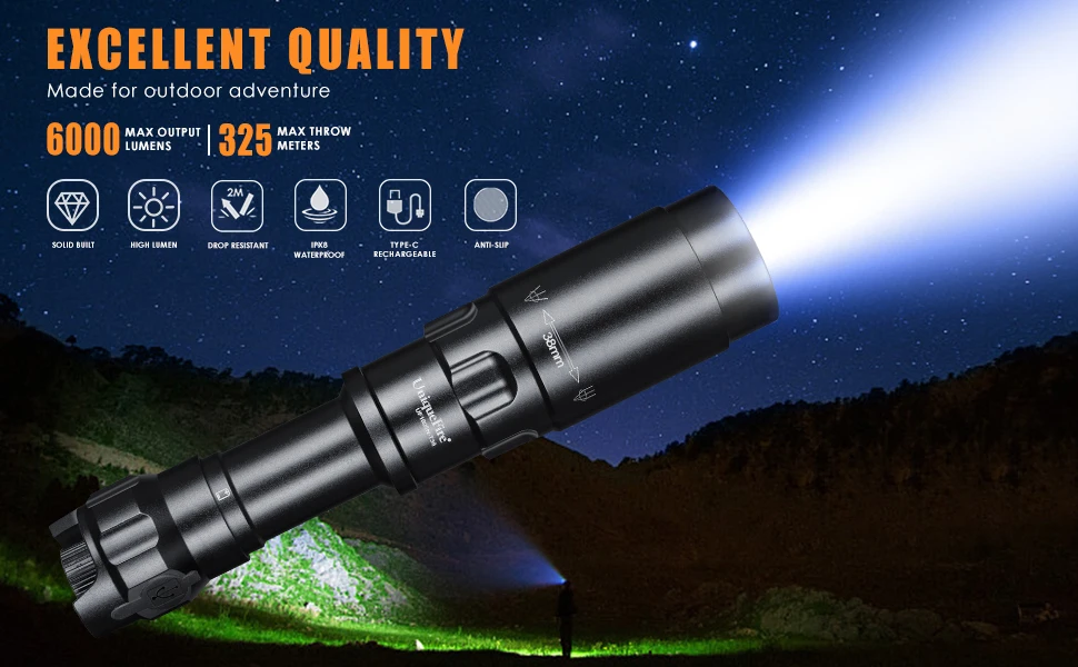 Description Picture 3 of itemUniqueFire 1605N Fresnel Lens LED Tactical Flashlight USB C Rechargeable 6000lm 18650 Zoom Lantern Stepless Torch Indicator