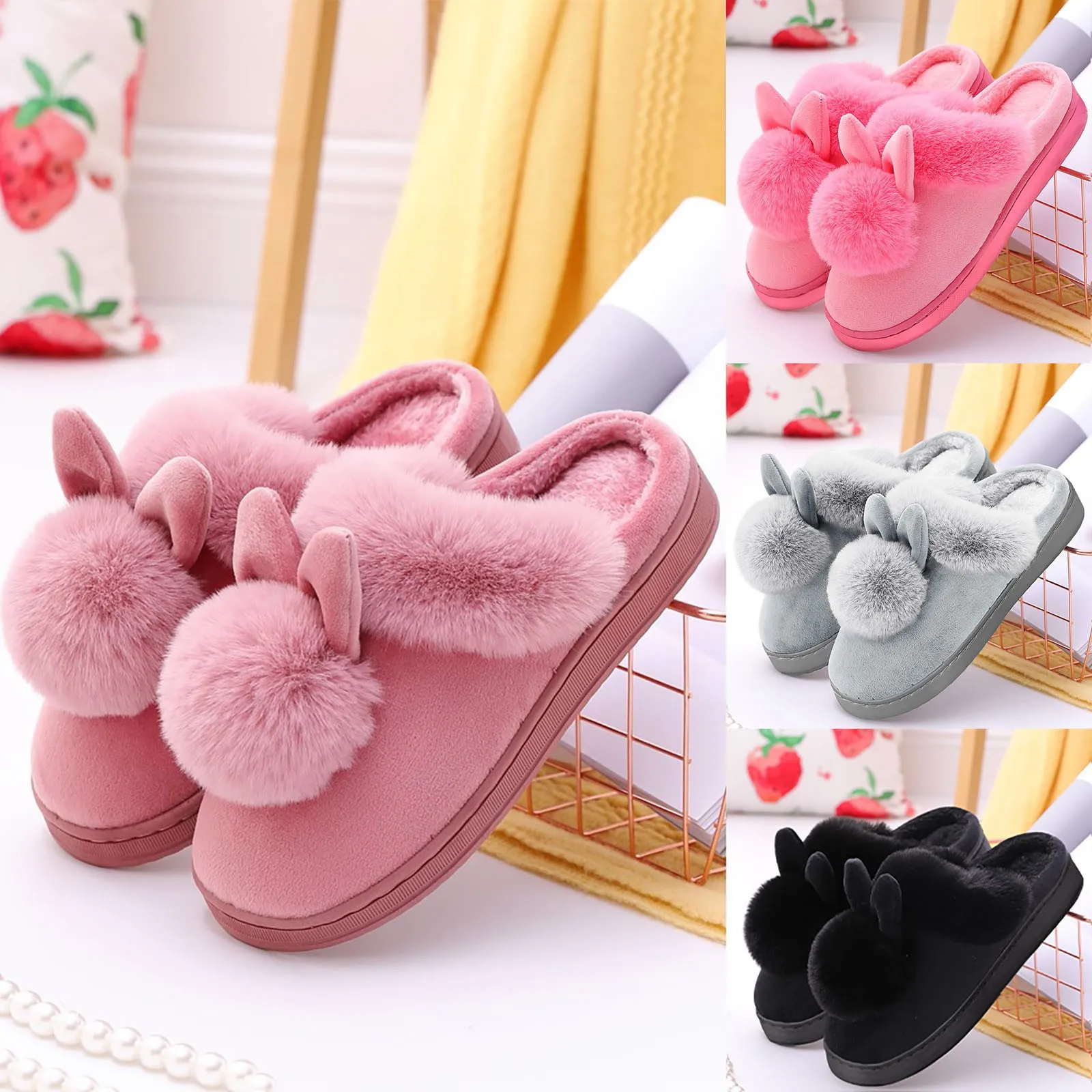 Women Indoor Winter Slippers Rabbit Shape Furry Ears Flat Comfort Shoes Cute Soft Women Home Keep Warm Slippers 2023 Hot Sale