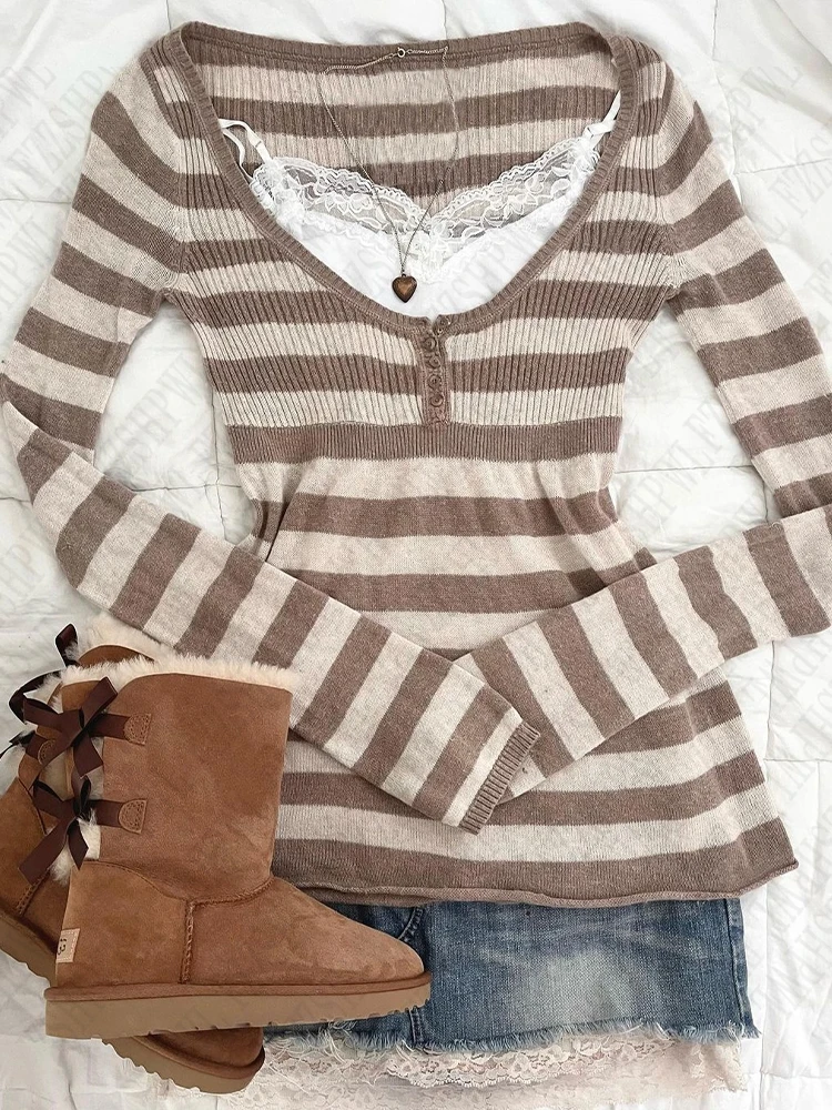 Striped casual pattern sweater cotton chic grunge punk Y2K top street high street rock aesthetic retro hop fashion women sweater 1