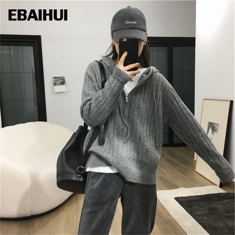 

EBAIHUI Women's Hooded Knitted Cardigan Long Sleeve Outer Knitwear Cashmere Sweater Loose Cardigans Jackets Female Trend New