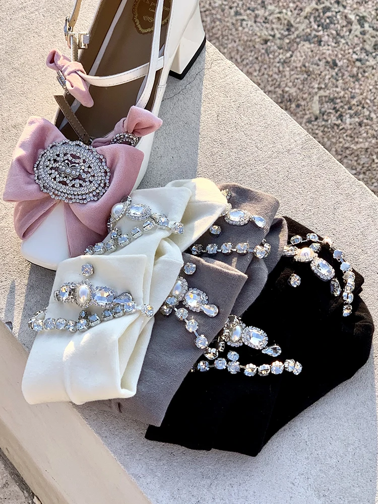 Spring Summer Heavy Industry Rhinestone Chain Tube Socks Girl's Heart Gray Simple Sweet Socks Korean Japanese Student Stockings