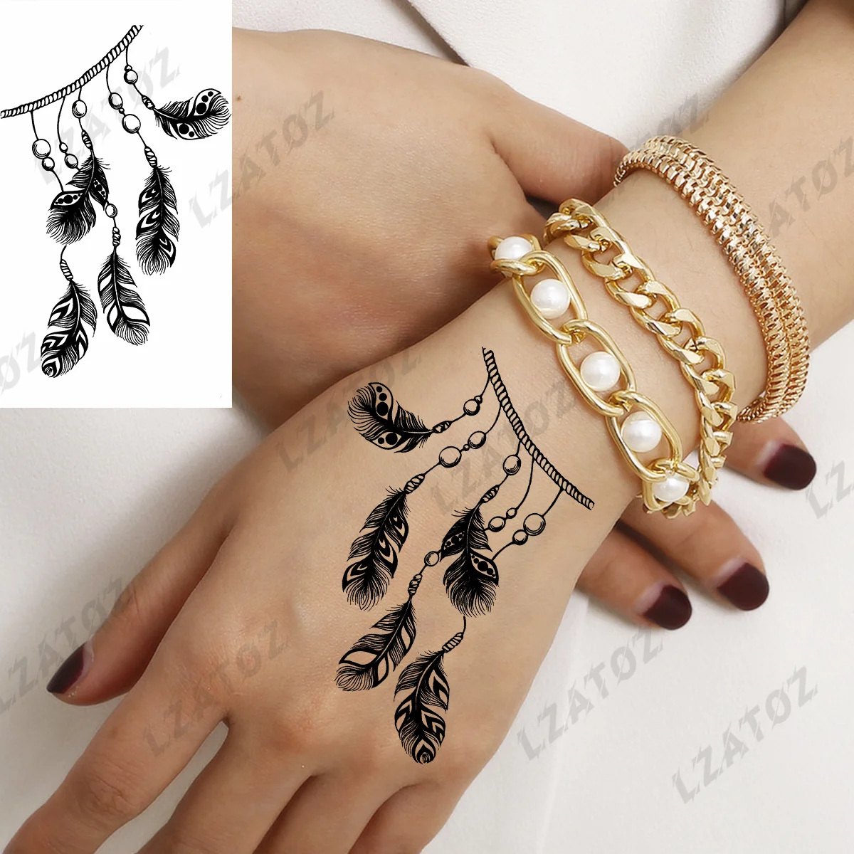 Tatouage Bracelet Indien Avec Plume Tatouages temporaires en dentelle pour femmes adultes, étiquette de tatouage  indien, fausse plume réaliste, imperméable au poignet | AliExpress