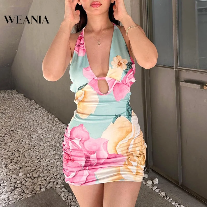 

Women Sexy Flower Printed Backless Halter Neck Bodycon Dress
