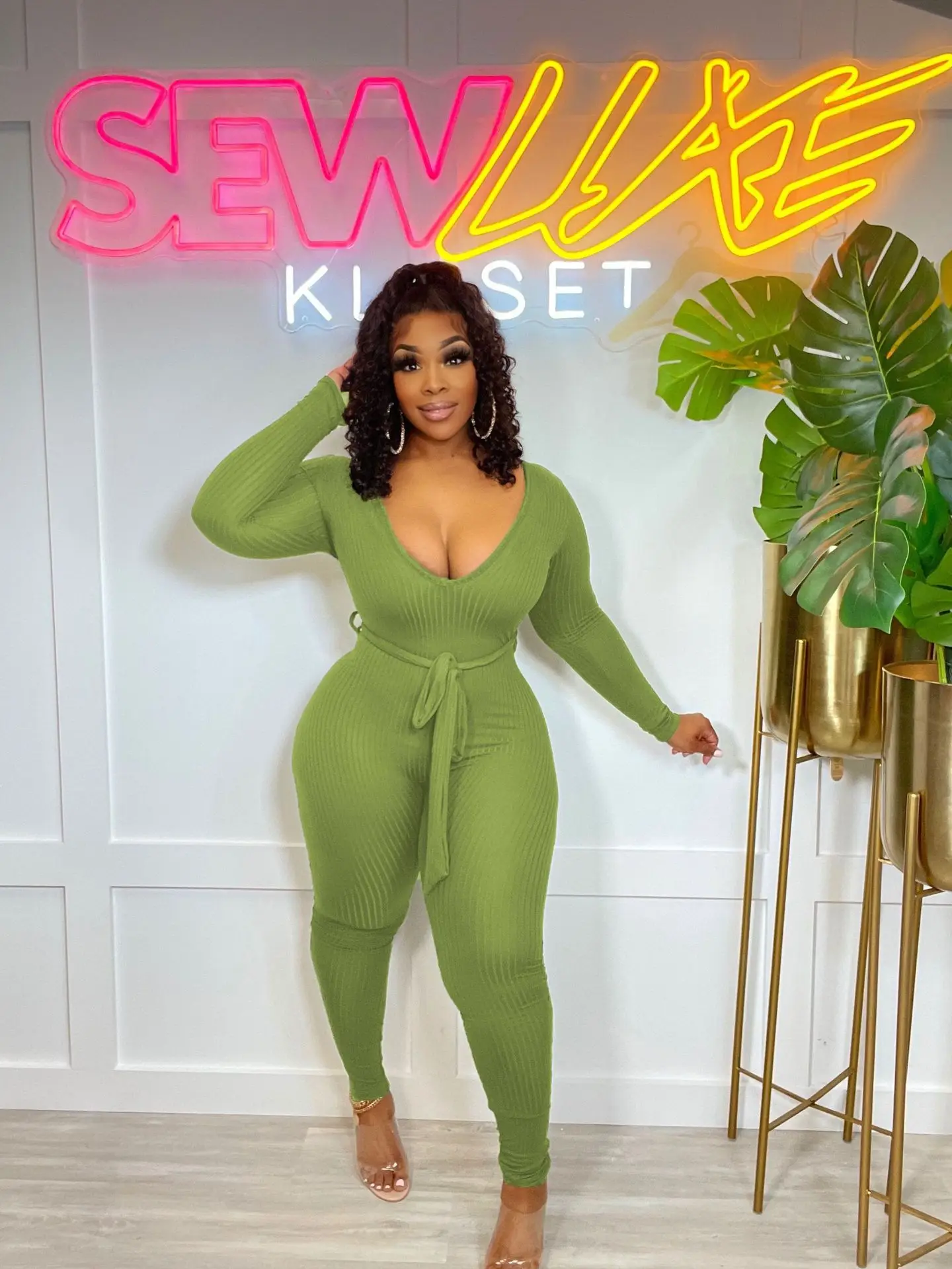 BKLD Women Clothing New Autumn Winter Jumpsuit Fashion Solid Color Long Sleeve V-Neck Lace-Up Bodycon Jumpsuits One Pieces