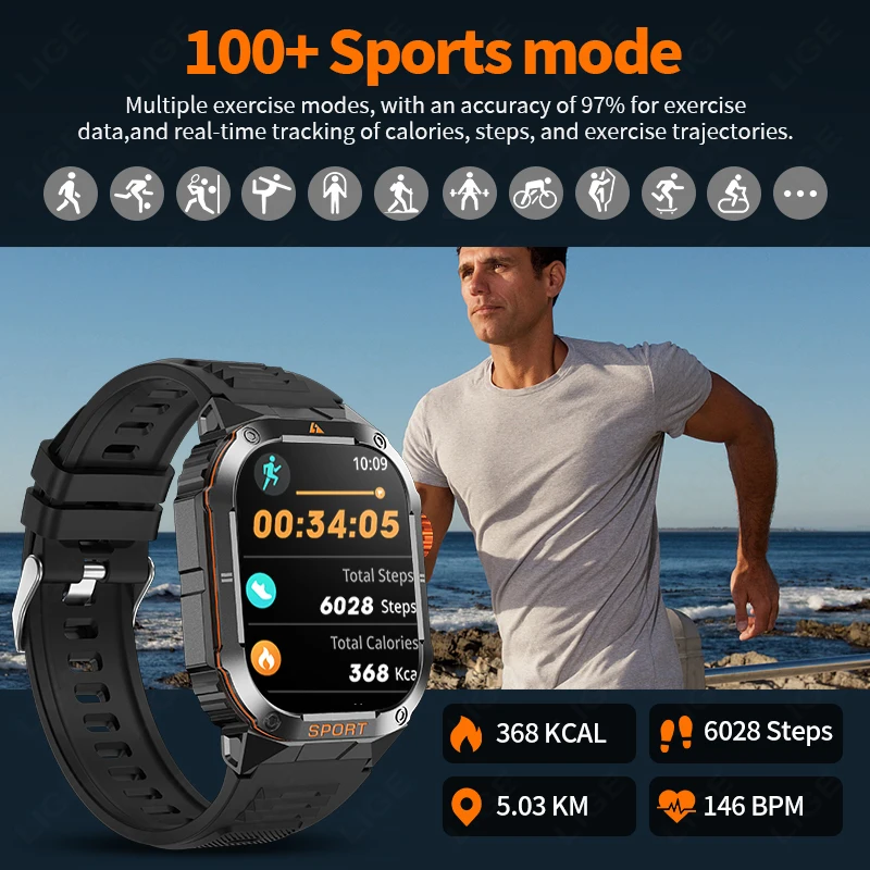 LIGE 2.01" Outdoor Military LED Flashlight Smart Watch Men Call Reminder Waterproof Sports Fitness Smartwatch For Android IOS