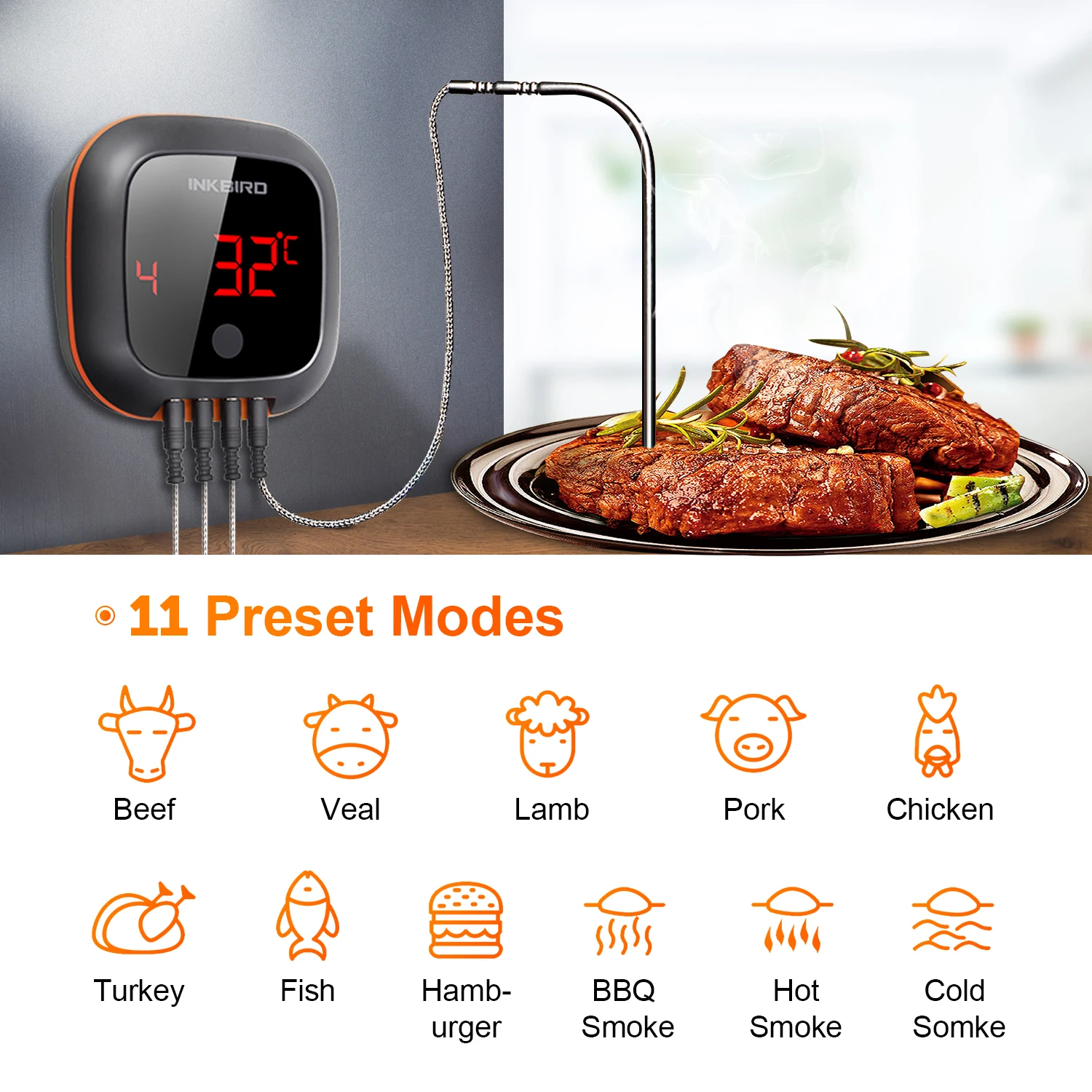 INKBIRD IBT-4XS Food Meat Cooking Thermometers for BBQ Grills Oven  Temperature Recorder With 2/4 Probes Bluetooth-compatible - AliExpress