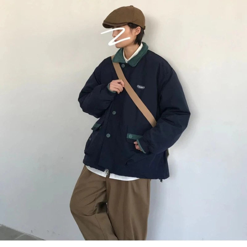 INS 겨울 코튼 코트 남성 빈티지 옷깃 대비 색 카고 파카 두꺼운 따뜻한 캐주얼 자켓 한국 스트리트 커플 코트