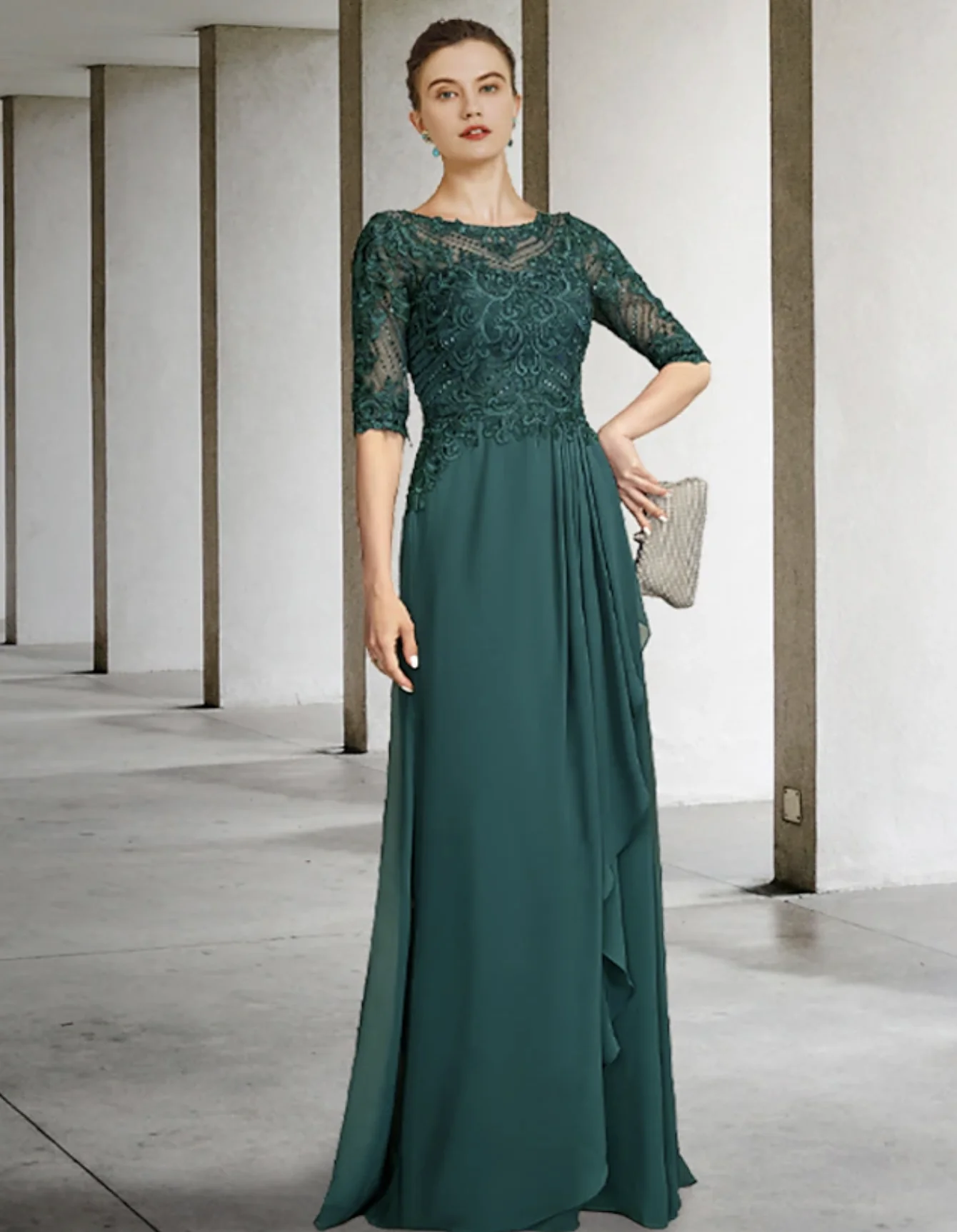 

A-Line Mother of the Bride Dress Luxurious Elegant Jewel Neck Floor Length Chiffon Half Sleeve with Pleats Beading Appliques