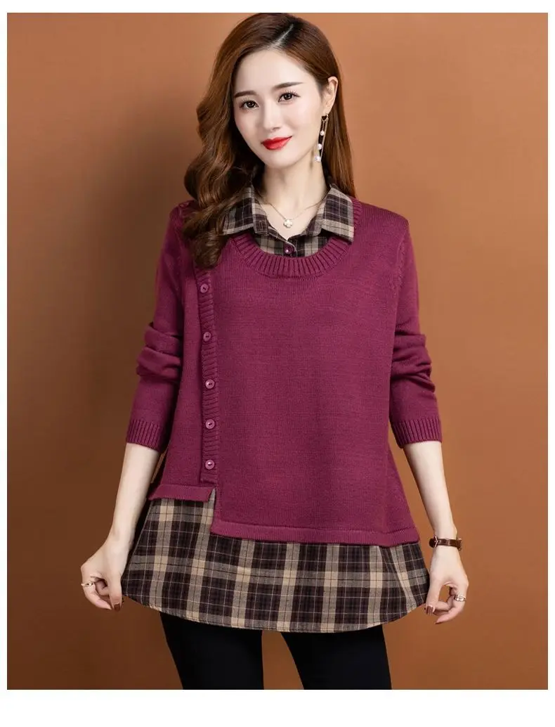 Gefälschte Zwei Stück Pullover Tops Für Frauen Mode Plaid Herbst Winter Revers Hemd Lose Pull Femme Bodenbildung Pullover Strickwaren – Detail 4
