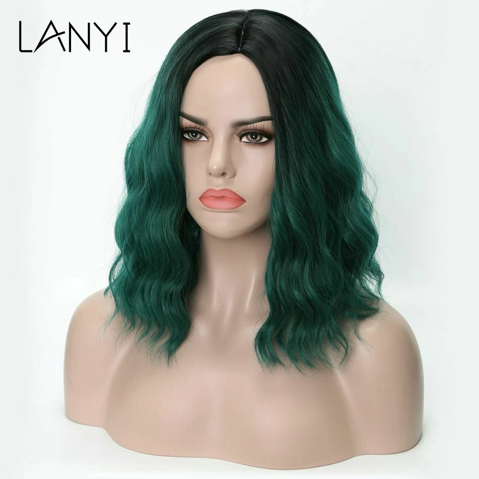 

LANYI 12" Green Omber Short Bob Wavy Synthetic Wig With Dark Roots For Women Hair Synthetic Curly Natural Heat Resistant Wig