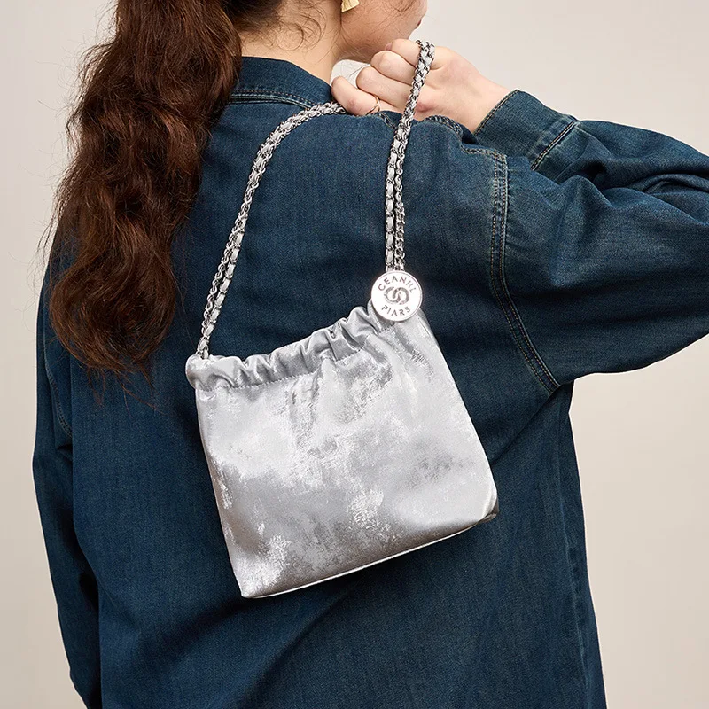 New Chinese silk cowhide garbage bag chain women's Guofeng shoulder crossbody small large capacity bucket bag tide