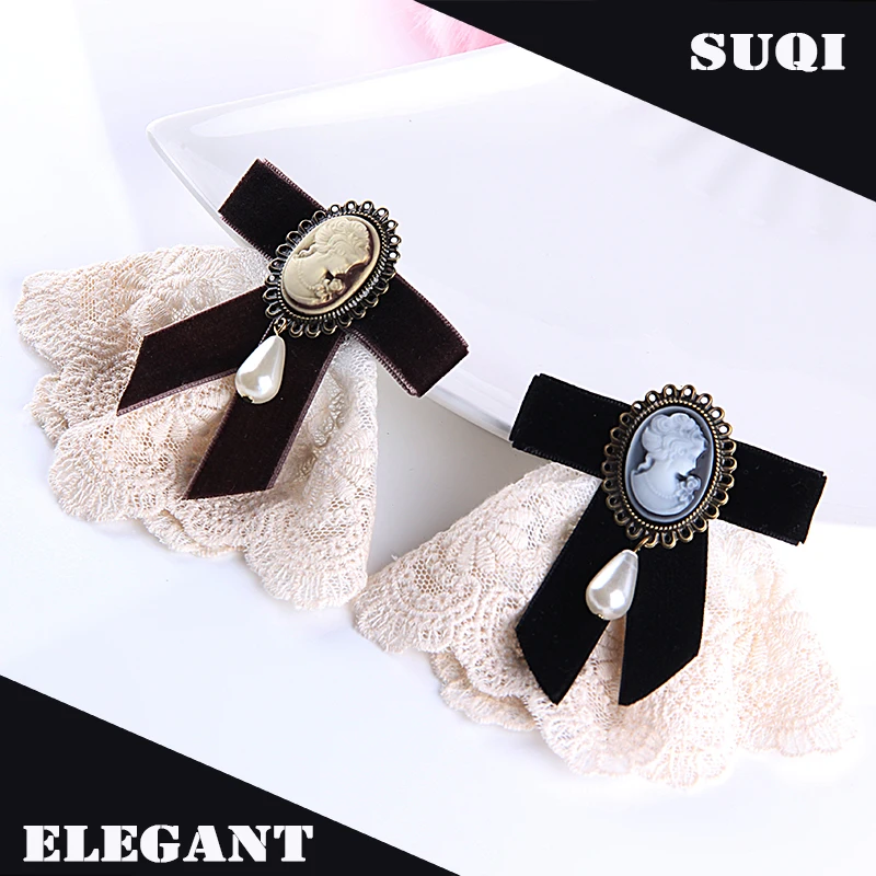 Elegant Lace Velvet Ribbon Bowknot Bronze Plated Queen Cameo Beauty Head Venetian Pearl Water Drop Women Brooch Lapel Pins Gifts metal brooch,enamel brooch,pearl beaded brooch