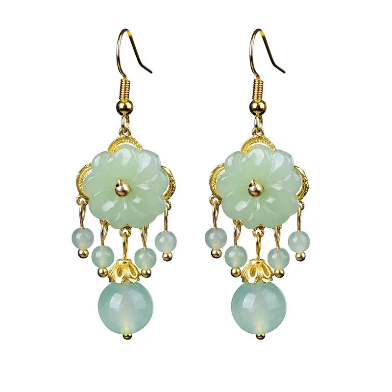 New Fashion Green Jade Marrow Flowers Tassel Drop Earrings for Women Ethnic Style Stud Earring Pretty Jewelry Gifts
