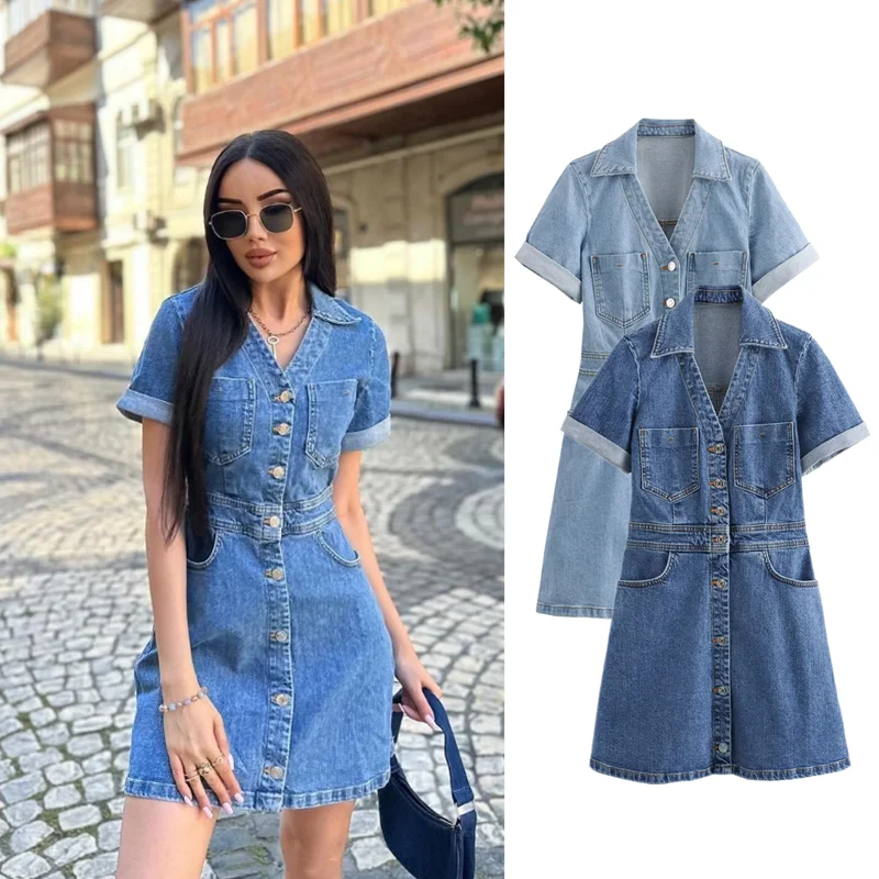 

Taop&Za Women's 2024 Summer New Fashion Trend Lapel Short Sleeve Button Decorated Denim Mini Dress 1879/038