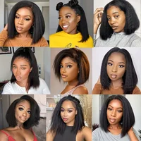 Perruque Courte Bob Lisse Kinky Péruvienne Sans Colle Cheveux Humains 13x4 Yaki Lisse Lace Front Pré-Pluckée avec Fermeture 250% 6