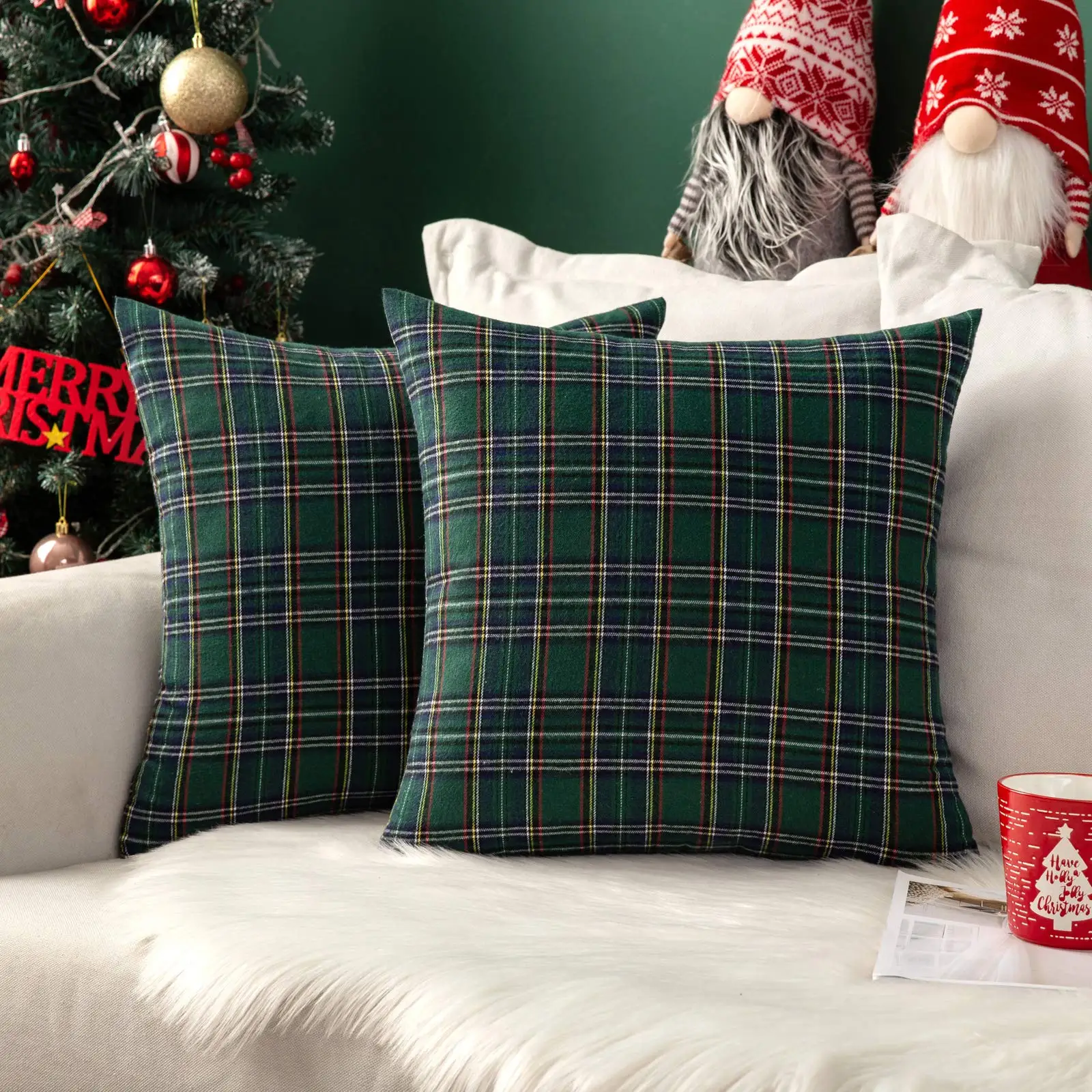 Scottish Tartan Plaid Throw Pillow Covers, Farmhouse, Classic Decor, Square Cushion Cases, Sofa, Couch, Set of 2