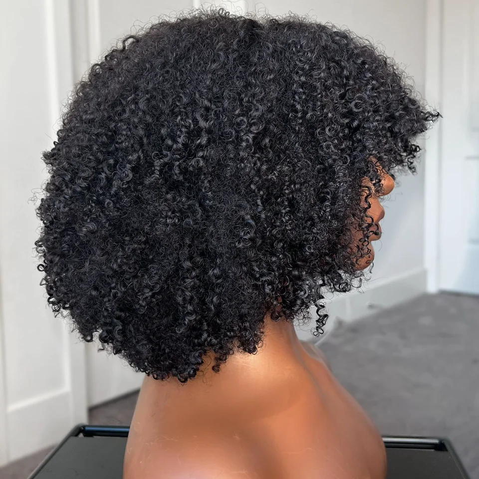 Afro Kinky Curly Wigs With Bangs Full Machine Made Wigs 200 Density Virgin Brazilian Short Curly Human Hair Wigs Natural Black