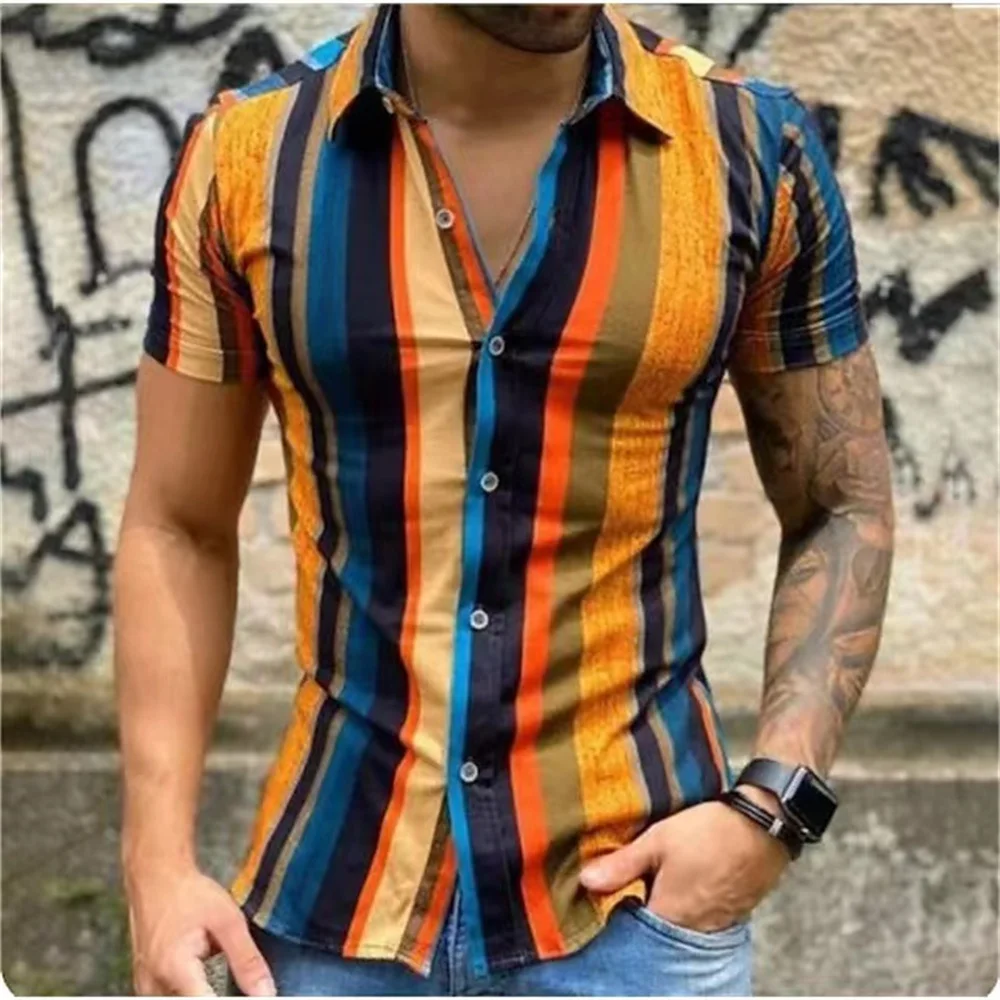 

Stripe Shirts Men Social Evening Shirts Summer Short Slim Top 2023 Lapel Button Tee Fashion Blouse Male Shirt Designer Clothing