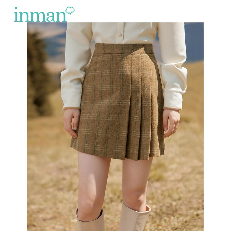 INMAN Women Woolen Pleated Skirt 2023 Winter High Waist A-shaped Retro Plaid Pattern Fashion Versatile Coffee Miniskirt retro 60s pattern mini skirt women s clothing kawaii extreme mini dress skirts for womans