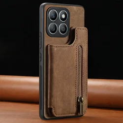 Leather Wallet Case with Zipper Card Pocket and Magnetic Armor Back Shell for Honor X7B 4G (Brown)