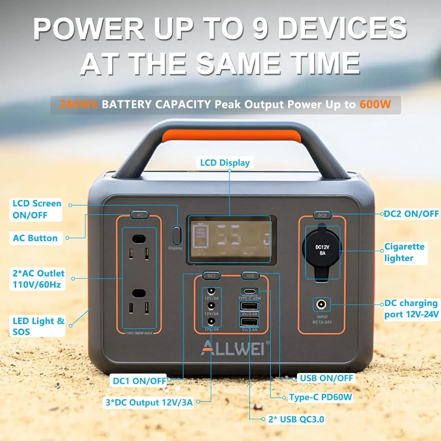 ALLWEI Portable Power Station 300W(Peak 600W), 280Wh Solar Generator with USB-C PD60W, 110V Pure Sine Wave AC Outlet, 780