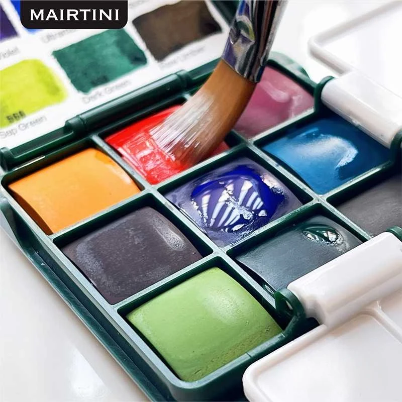 Travel Solid Watercolor Set Transparent Watercolor Paint 9 Colors Portable Sketching Painting Tool with Palette Washing Bucket