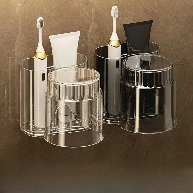 Wall-Mounted Toothbrush Holder with Mouthwash Cup, Toothbrush Cup Bathroom Organizer Box