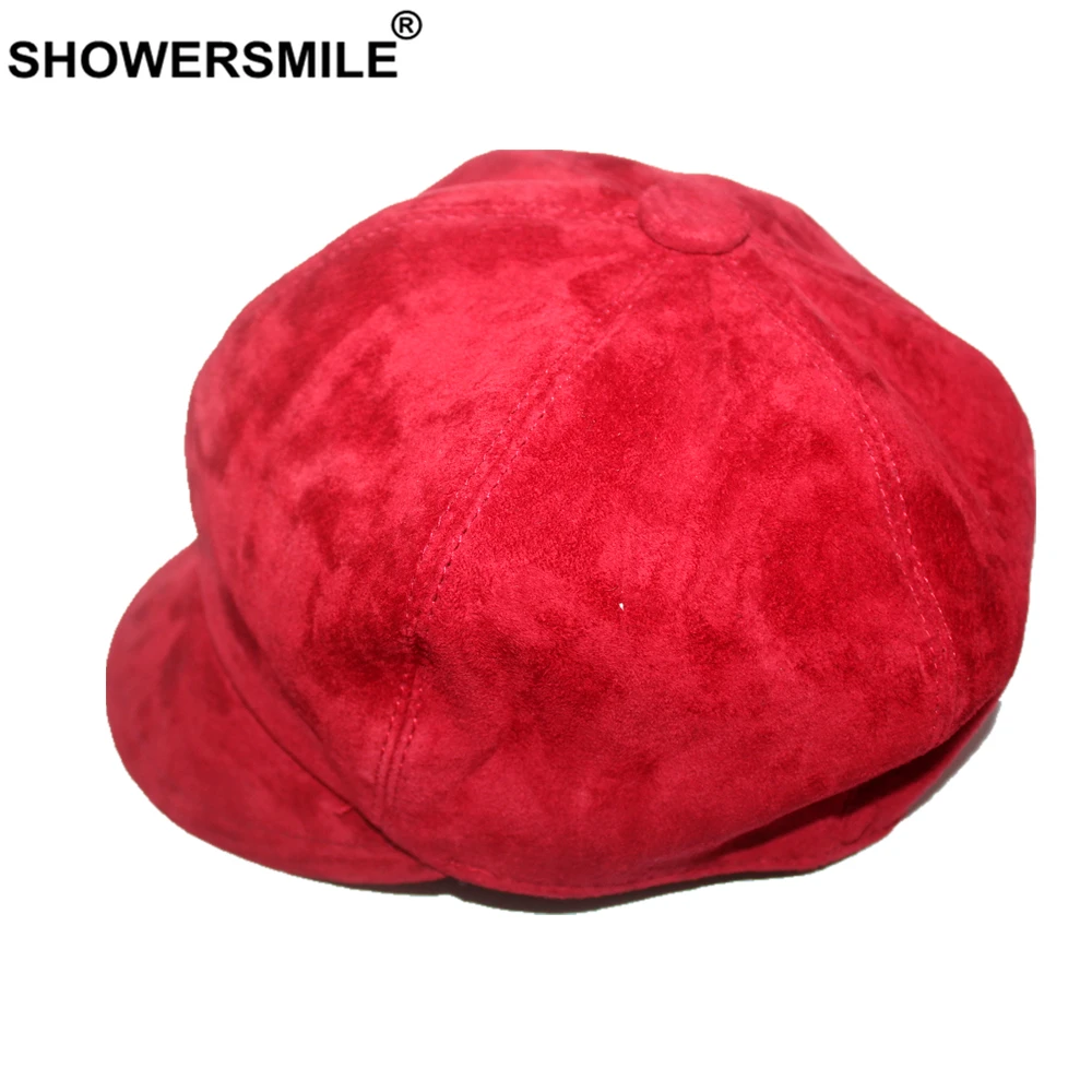SHOWERSMILE Black Genuine Suede Leather Newsboy Cap Ladies Beret Autumn Winter Hats for Women British style Female Painter Hat
