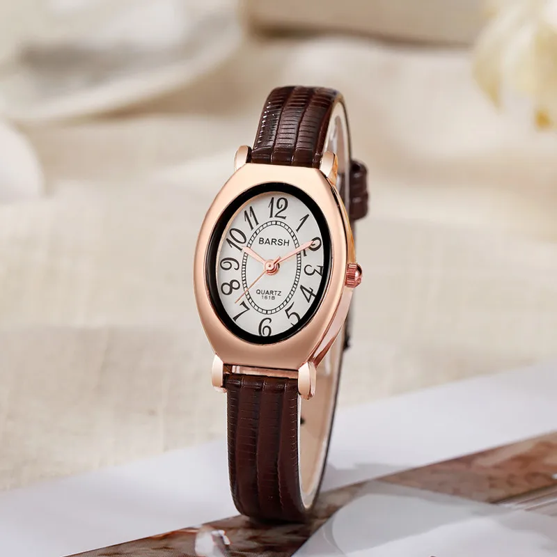 Vintage Classic Small Oval Number Dial Quartz Watches Brown Leather Band Wristwatch for Ladies Gifts