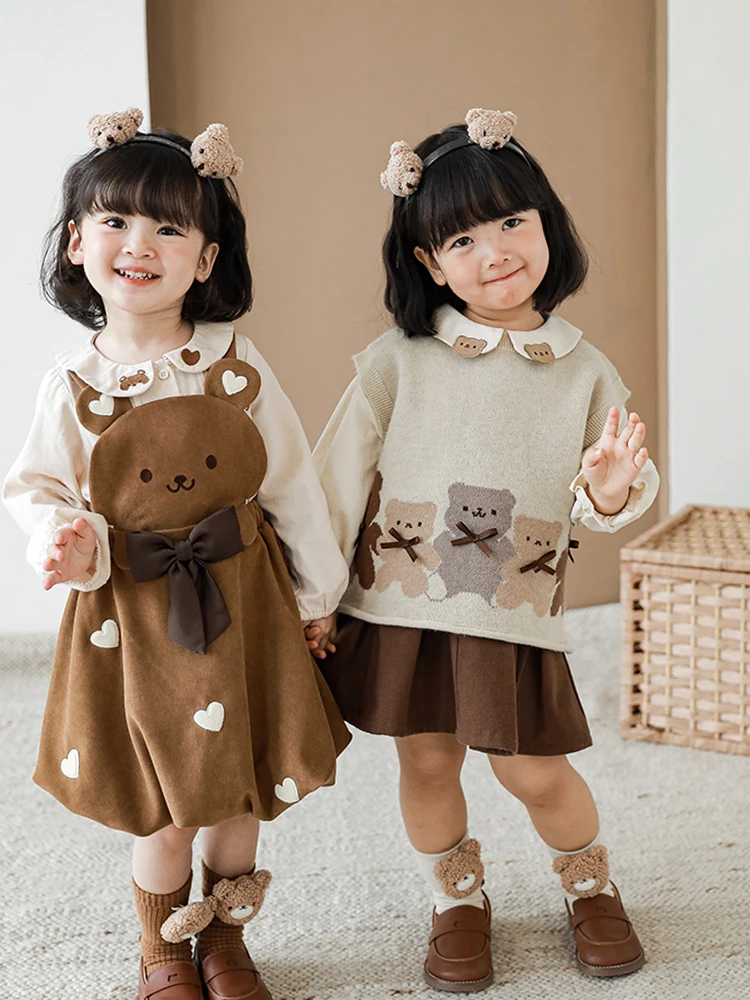 Girls Autumn Cartoon Suspender Skirt Three-Dimensional Bow Baby Cute Long  Sleeve Shirt Children's Clothes