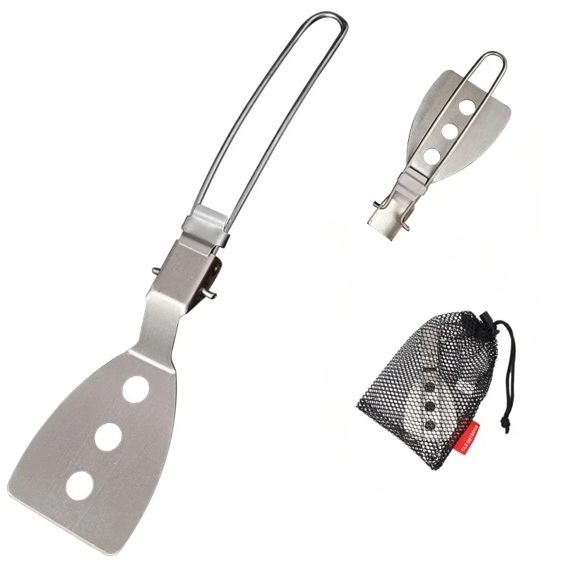 1pc Folding Fry Pan Spatula Portable Metal Frying Spatula 304 Stainless Steel BBQ Cooking Tools with A Mesh Bag