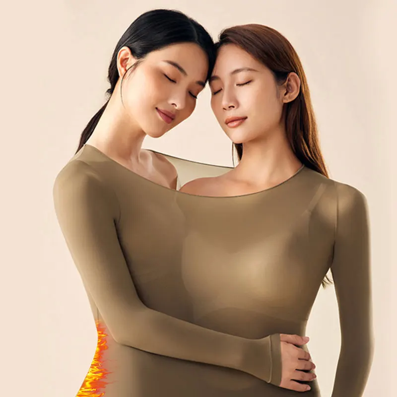 Description Picture 2 of item2 Pieces Seamless Thermal Underwear Set Women Long Sleeve Bottoming Top Long Johns Highly Elastic Autumn Winter Warm Thermal Set