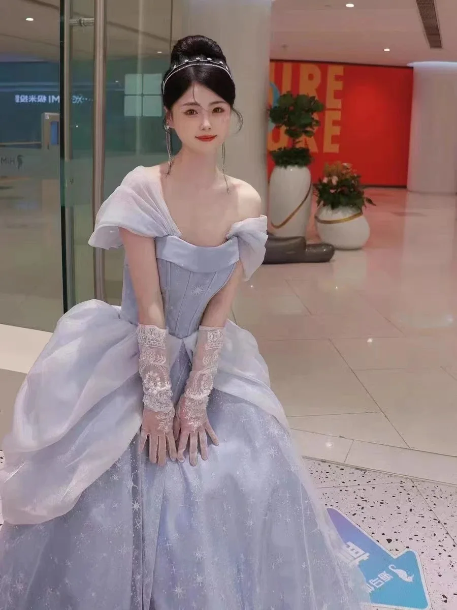 【♡】プリンセスドレス、イブニングドレス、ファッショナブルでエレガント ブルーウエディングドレス婚約ジャカードドレスフランス